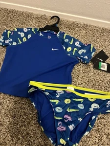 NIKE XLGirl 2-teilig Schwimmen Pool Party Kurzarm Crop Rash Guard Schwarz Neu mit Etikett - Bild 1 von 4