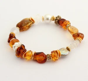 Citrine, Amber, Rock Crystal, Pearl, Bracelet Gold Plated 925 Silver On Rubber - Picture 1 of 4