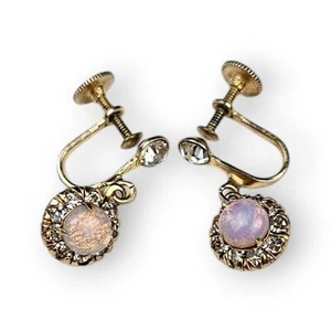 Vargas Faux Fire Opal Earrings Gold Plated Rhinestone Screwback Vintage 50s 7/8" - Picture 1 of 12