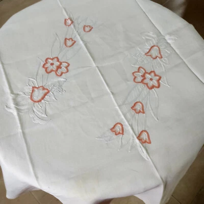 Nappe à thé lin brodée écru clair ourlet jours carrée 96 cm tbe vintage - Photo 1/4