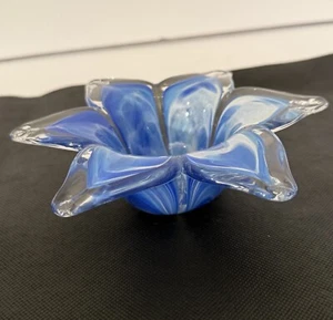 Flower Bowl Glass Art Piece With Blues White And Clear Glass In Murano Style - Picture 1 of 24