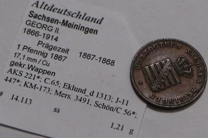 🧭 🇩🇪 GERMANY SAXONY-MEININGEN 1 PFENNIG 1867 SHARP DETAILS B79 #Z7054 - Picture 1 of 2