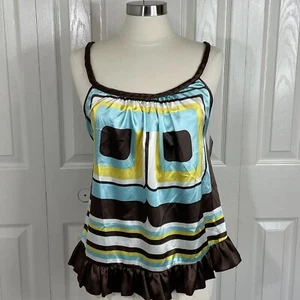 Kaelyn Max Womens L Turquoise Yellow Brown Satin Boho Artful Cami Top NWT - Picture 1 of 7