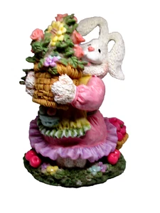 Easter white RABBIT carrying flower basket w/fruit on ground 7" tall (Easter - Picture 1 of 6