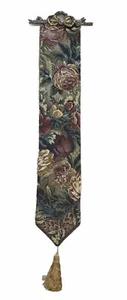 Vintage Floral Tapestry Wall Hanging with Brass Ribbon Fixture and Gold Tassel - Picture 1 of 12