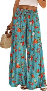 Damen Sommer Boho Palazzo Hose Hohe Taille Weites Bein Blumen Freizeit Baumwolle Lounge - Bild 1 von 11