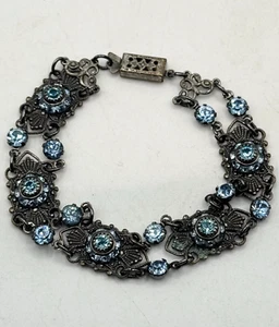 Bracciale Vintage Vetro Blu Strass Cristallo Fiore - Foto 1 di 4