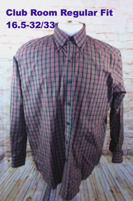Club Room 男式正装衬衫 16.5-32/33 长袖黑色绿色红色格子棉 — 第 1/4 张图片