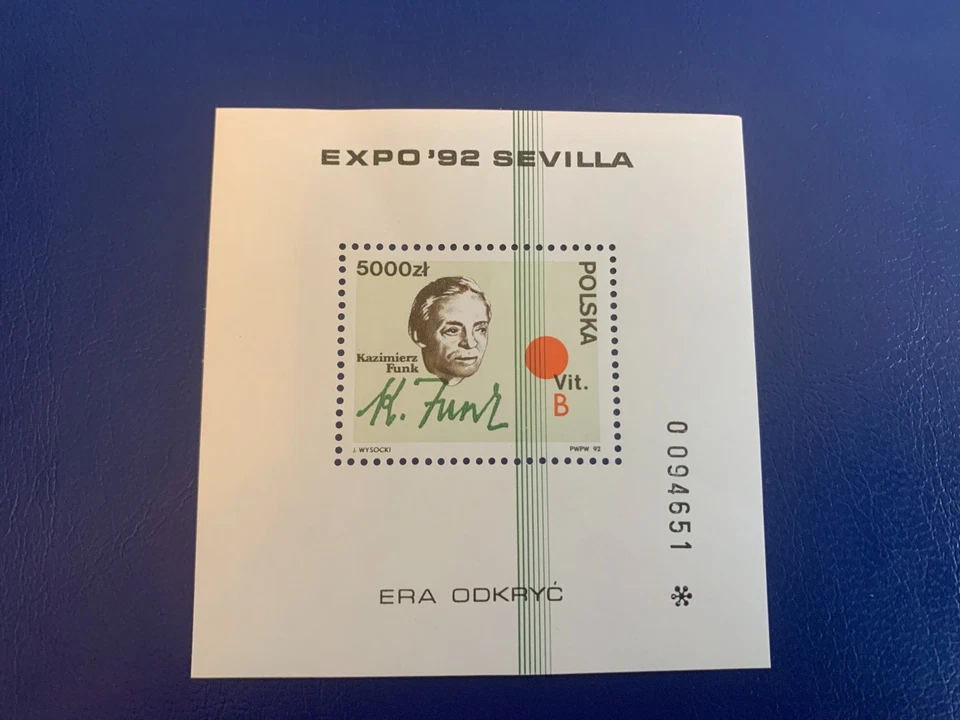 POLAND POLSKA 1992 MNH SC 3083 SHEET EXPO SEVILLE CASIMIR FUNK BIOCHEMIST - Image 1 of 1