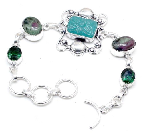 VALENTINO 925 Sterling Silver Green Flower & Chrome Gemstone Jewelry Bracelet Size 7 8"