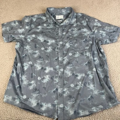 Hurley Shirt Men XL Blue Skull Floral Bird Palm Tree Button Pocket Surf Skate - Image 1 of 4