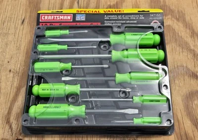 RARE NOS SEARS Craftsman 10pc Hi-Vis Green Screwdriver Set USA Pratt Reed 47151 - Image 1 of 4