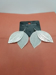 N.Y. Company Glitter Silver leaf earrings filigree leaves dangle - Picture 1 of 5