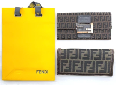 Auténtico FENDI Zucca patrón FF logotipo caqui x marrón cartera larga conjunto de 2 NS100969 Foto 1 de 4