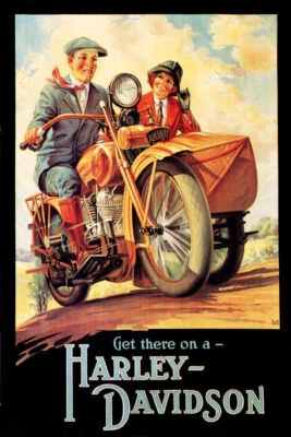 AMERICAN MOTORCYCLE  BIKE GET THERE ON A HARLEY DAVIDSON VINTAGE POSTER REPRO - Image 1 of 3