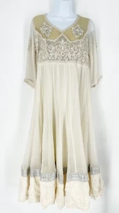 Prapti Indian Custom Made Ivory White Beaded Chiffon Gown Dress Sz M NWT - Picture 1 of 13