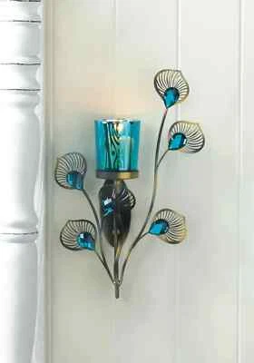 Blue Iron and Glass Peacock Plume Wall Sconce Decorative decor - Image 1 of 4