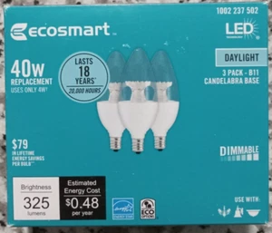 NEW EcoSmart 3-pk 40W B11 Daylight LED Bulb Candelabra Dimmable 325lm - Picture 1 of 4