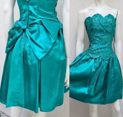 NOS 1990s JESSICA McCLINTOCK GUNNE SAX Teal Satin & Sequin Strapless Dress -2XS - Image 1 of 4