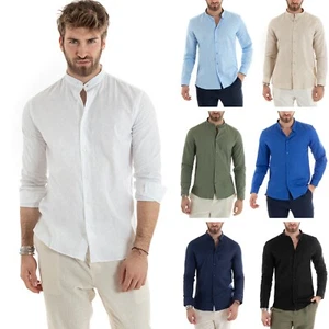 Camicia Uomo Collo Coreano Manica Lunga Lino Tinta Unita Sartoriale Vari Colori - Imagen 1 de 134