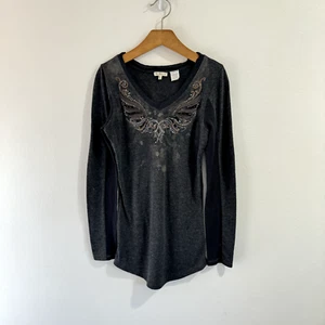 Vintage Y2K Miss Me Girls Shirt Size L Gray Long Sleeve Acid Wash Sequin Studded - Picture 1 of 10