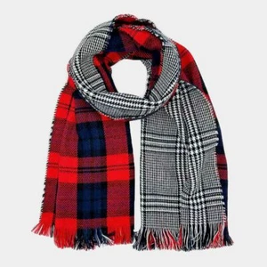 NEW Red Black White & Navy Blue Reversible Plaid Check Pattern Scarf w/ Fringe - Picture 1 of 1