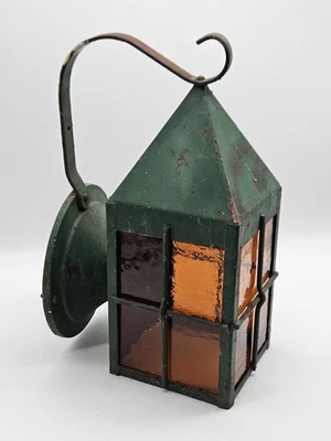 Luminária de varanda estilo revival Tudor antiga vidro colorido década de 1920 - Imagem 1 de 4