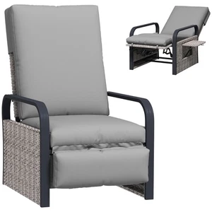 Outsunny Rattan Garden Recliner Chair Sun Lounger w/ Side Tray, Grey - Picture 1 of 11