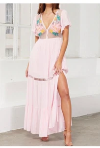 Cleobella Maxi Dress S Lyric Pink Embroidered Boho Floral Festival Sheer Top - Picture 1 of 11