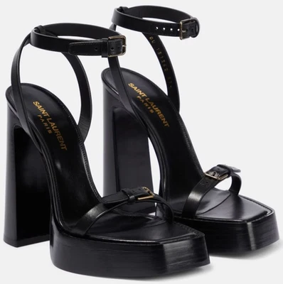 NUEVO EN CAJA Sandalias Saint Laurent YSL Platz Cuero Negro Hebilla Plataforma Zapatos de salón Talla 40 10 Foto 1 de 4