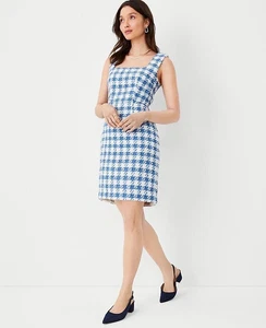 NWT $149 Ann Taylor Square Neck Sheath Dress blue white tweed winter sz 14 - Picture 1 of 4