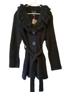 Cynthia Rowley Black Boiled Wool Fringed Collar Pocketed Jacket Coat W/Belt sz M - Picture 1 of 3