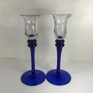 SET OF 2 VINTAGE COBALT BLUE AND CLEAR ART GLASS CANDLE HOLDERS 6.75" TALL - Picture 1 of 4