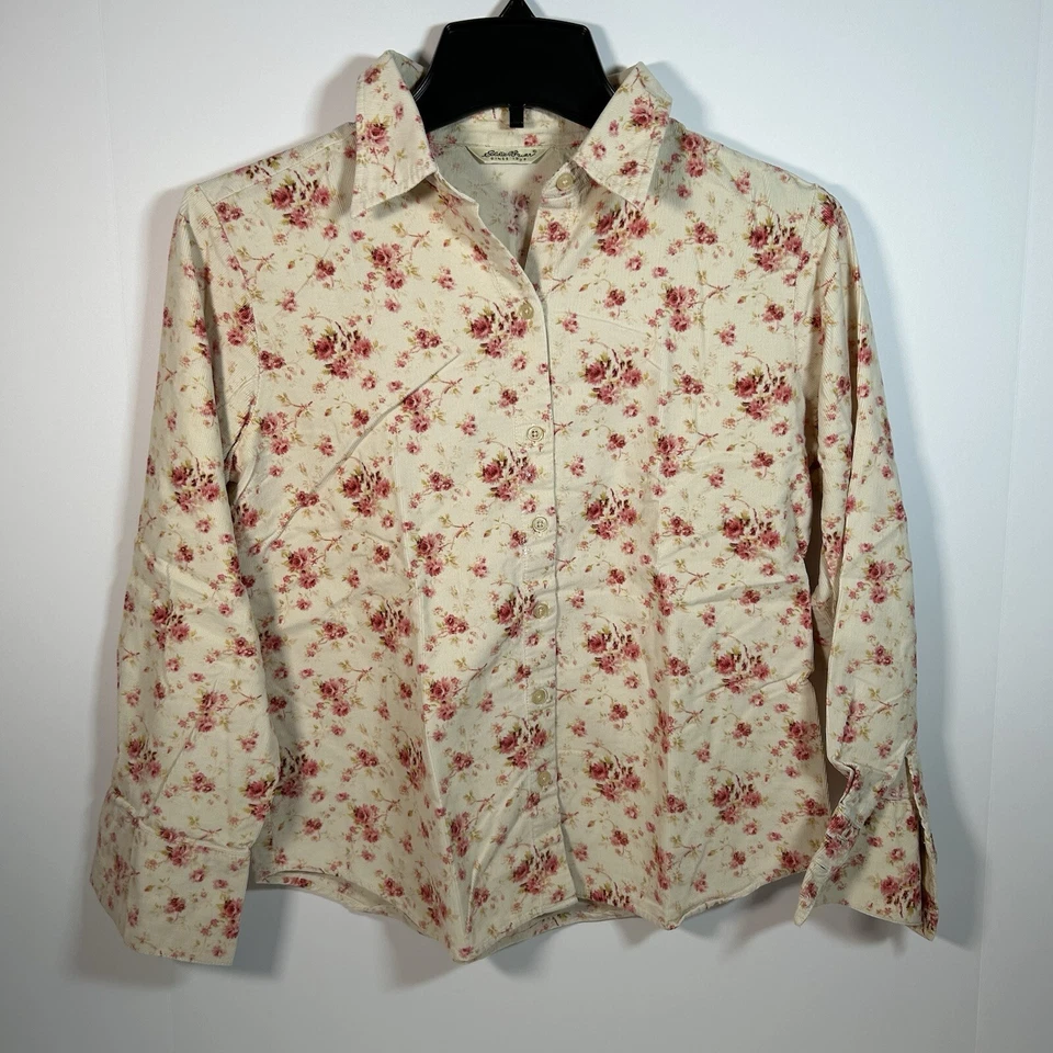 Camisa vintage Eddie Bauer abotonada para mujer pxs beige floral pana cuello Foto 1 de 4