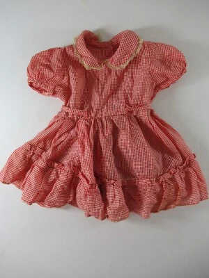 Vintage 30s 40s Baby Dress Red Check Handmade Short Sleeve Lace - Image 1 of 4