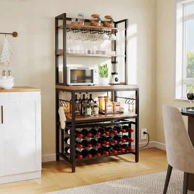 Wine Bar Table Wine Rack Bakers Rack with Glass Stemware Holders for Kitchen Pub - Image 1 of 4