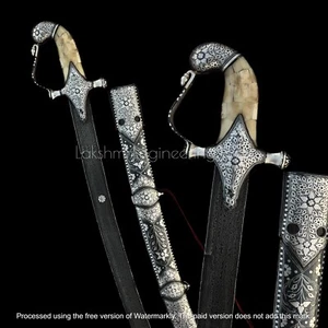 Damascus Steel Blade Sword, Arabian Kilij Sword, Silver Kofthgirii , bone hilt - Picture 1 of 6