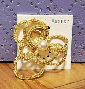NEW Large Goldtone FLOWER BROOCH Faux Pearl Openwork Pin Chunky Jewelry w/Tags - Picture 1 of 9