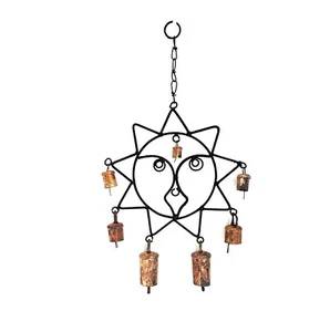 Handcrafted Rustic Vintage Metal Sun Wind Chime and 7 Cow Bells Garden Decor 18" - Picture 1 of 4
