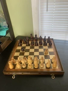 Vintage Hand carved Wooden Chinese Chess Game Set Board Carrier Case Complete  - Picture 1 of 13