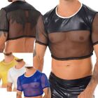 Men Mesh See-Through Crop Top Vest Sexy Half Shirt Short Sleeve Muscle Tank Top