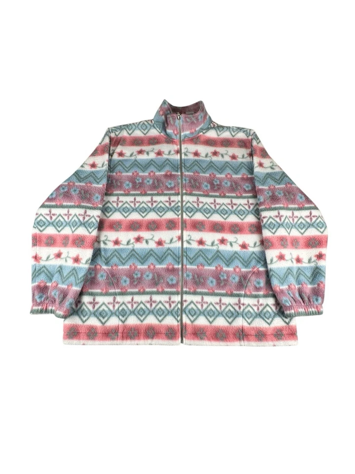 Vintage Alfred Dunner Pastel Floral Aztec Fleece Zip Up Jacket Women’s Sz Large - Image 1 of 4