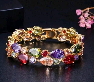 18k Gold Plated Multicolor Golden Bracelet w Velvet Box Lab-Created Swarovski - Picture 1 of 7