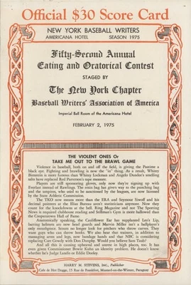 Rare 1975 New York Baseball Writers Scorecard Dinner Menu & Seating & Ticket - Image 1 of 4
