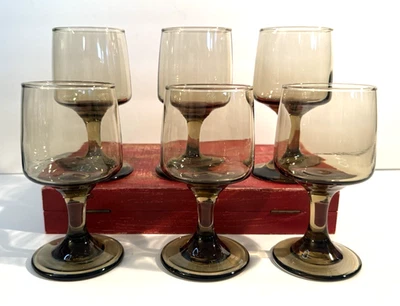 Libbey Tawny Accent 葡萄酒杯 6 件套 烟棕色 复古 MCM Stemware 5.25 英寸 T — 第 1/4 张图片