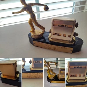 VTG 1957 Metal Bowling Trophy With Brass Flip Perpetual Calendar Marble Base - Picture 1 of 16