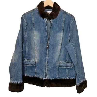 Jaqueta Cervelle Vintage Jeans Elástico Azul Acabamento de Pele Marrom Falsa Zíper Tamanho 1X - Imagem 1 de 4