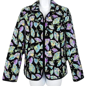 RQT Quilted Jacket Womens Medium Black Multicolor Fans Print Lightweight Zip Up - Picture 1 of 8