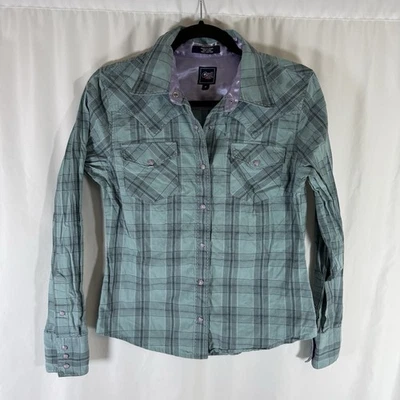 Cruel Girl Pearl Snap Shirt Women's Small Blue Satin Purple Collared Pockets - Image 1 of 4