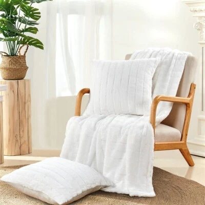 Manta de lujo de piel sintética de conejo con 2 fundas de almohada - diseño a rayas regalos Foto 1 de 4